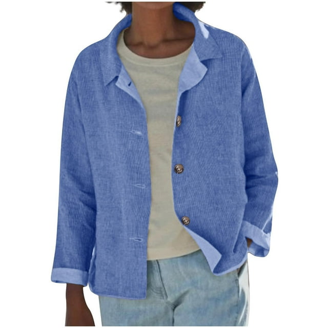 Women's Shacket, Long Sleeve Button Down Casual Jacket, Turndown Collar Polyester Top For Women