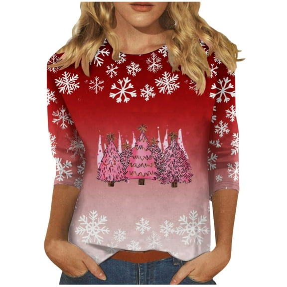 asdoklhq Christmas Ugly Christmas Sweater Women Fashion Women's Comfortable Round-Neck 3/4 Sleeve Print Casual T-shirt Blouse Red 5X