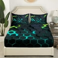 thumbnail image 3 of Erosebridal Gradient Cyan Green Honeycomb King Sheet Sets, Geometric Hexagon Bedding King Size, Black Bedroom Decor 4 Pieces, 3 of 7