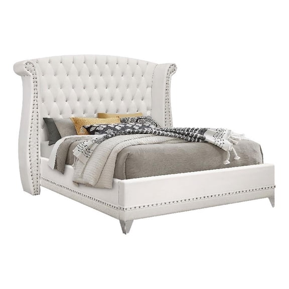 Dini Glam 5pc Cal King Bedroom Set-Tufted Wingback in White Velvet