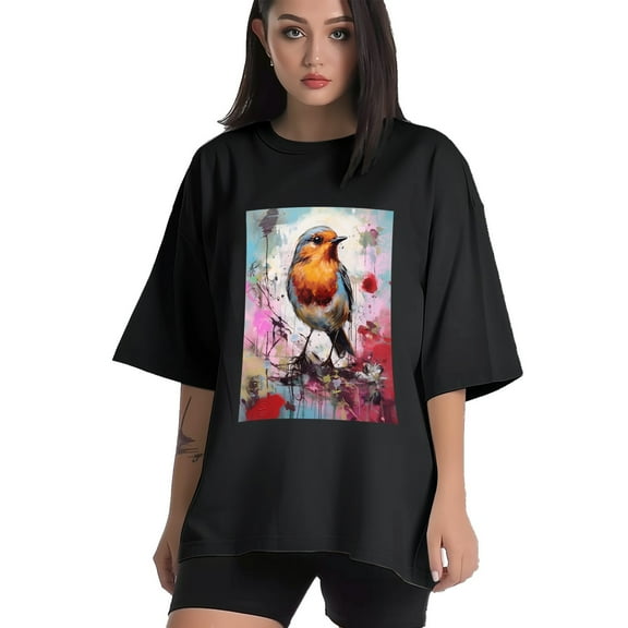 Plus Size Shirt for Women Black Tops for Women Short Sleeves Shirt for Women Colorful Bird T Shirt Crewneck Shirt for Women XS