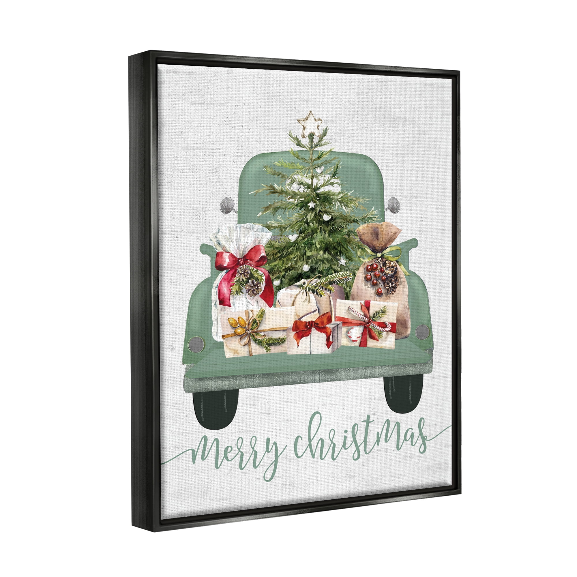 Stupell Industries Merry Christmas Truck Holiday Painting Black Floater Framed Canvas Art Print Wall Art, 17 x 21