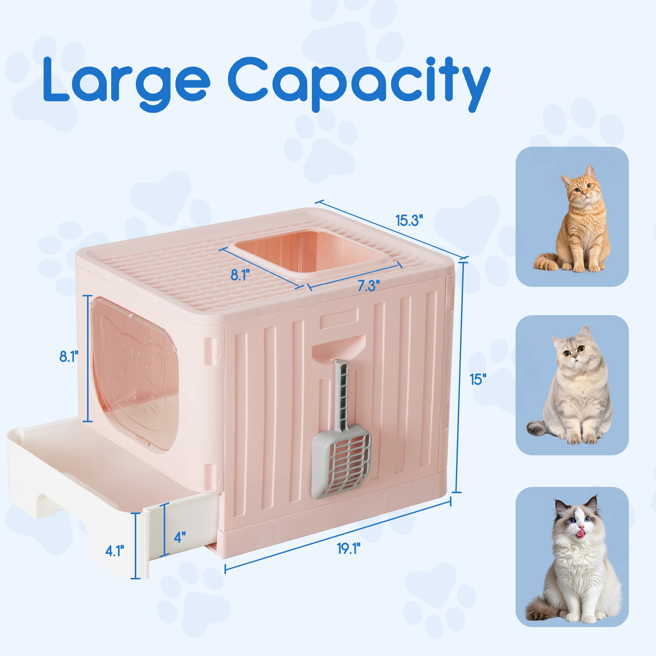 EDX Large Foldable Cat Litter Box with Lid, Enclosed Anti-Splashing Cat Box with Litter Scoop, Front Entry Top Exit Kitty Litter Box with Door, Drawer Design, Easy Cleaning & Odor Control, Pink