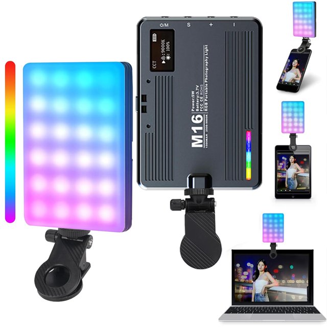 Luces de cámara RGB, LED, portátil, portátil, pequeña, para selfies, iPhone, Android, ordenador portátil, iPad o cámara con clip de teléfono, 1500 mAh, recargable para vídeos de TikTok