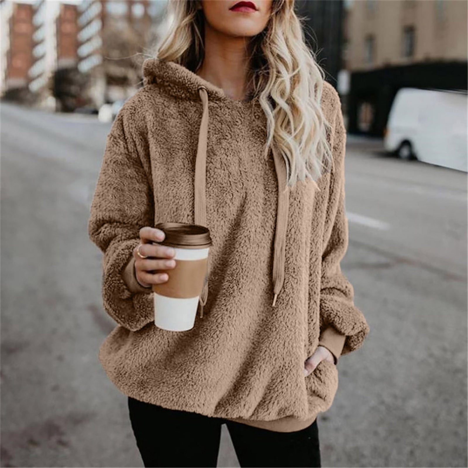 Women Hooded Sweatshirt Coat Winter Warm Wool Zipper Pockets Cotton Coat Outwear
