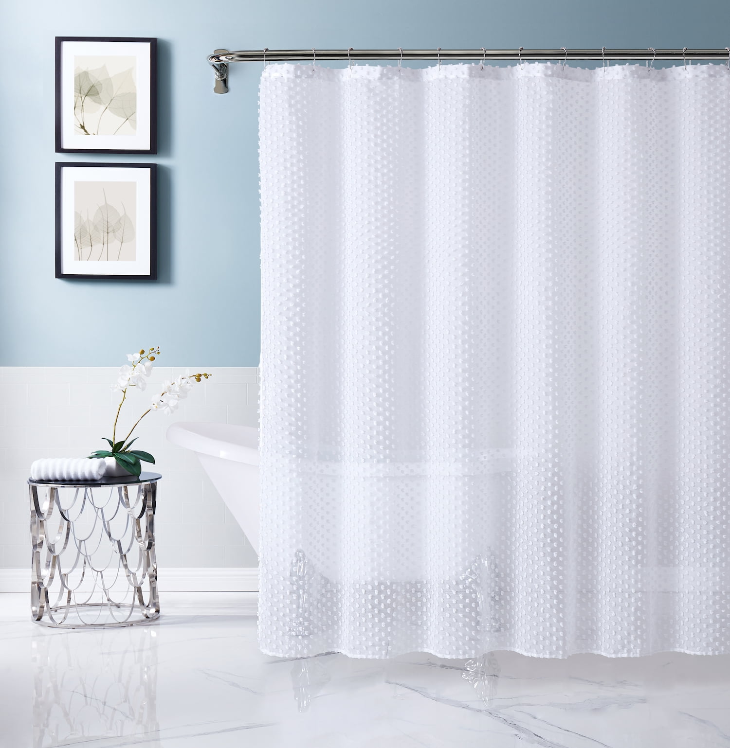 Dainty Home Valeria 3D Cotton Ball Puffs Linen-Look Solid Sheer Fabric 70' x 72' Shower Curtain in White