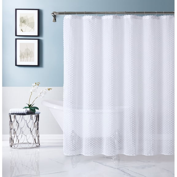 Dainty Home Valeria 3D Cotton Ball Puffs Linen-Look Solid Sheer Fabric 70 x 72 Shower Curtain in White