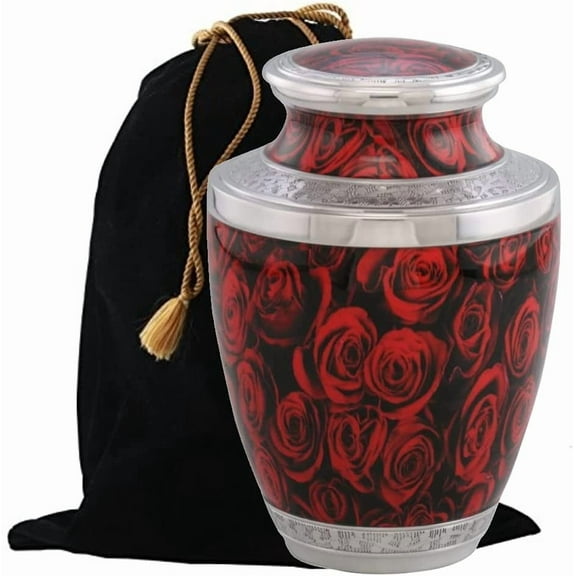 Picturesque Handcrafted Metal Cremation Urn for Ashes - Great Deal, Free Velvet Bag (Rose)