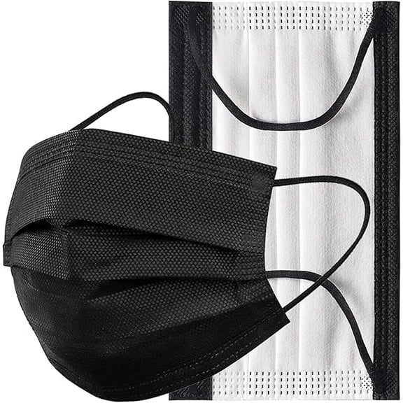 Disposable Face Masks 4 Layers, 2023 Upgraded 50PCS Black Mask with White Inside, Breathable Face Mask with Comfortable Wider Flat Elastic Ear Bands