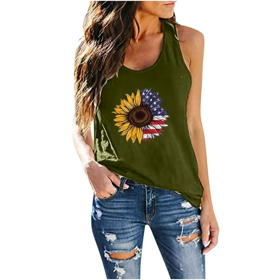 Usmixi Womens Tank Tops Independence Day Fashion Loose Fit Comfy Patriotic Tshirts Vest Summer Trendy Sunflower Flag Print Round Neck Sleeveless Shirts Blouse Army Green XXXL
