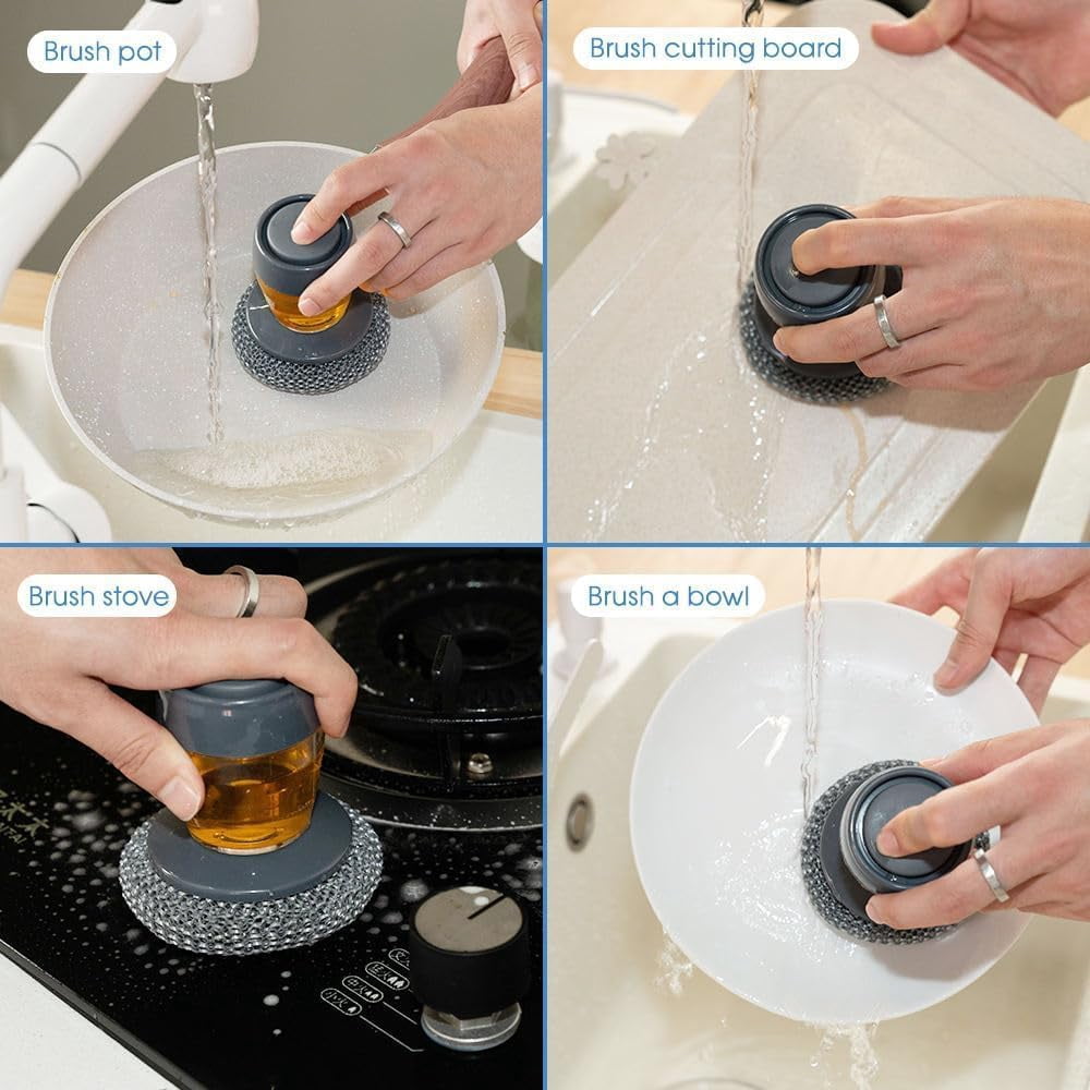 Comfort Grip Soap Dispensing Kitchen Scrub with 4 Cleaning Balls, Kitchen Scrub Brush Built-in Soap Dispenser, Press-Type Automatic Liquid Dispensing Dish Brush for Cleaning Dishes&Pots (3PCS)