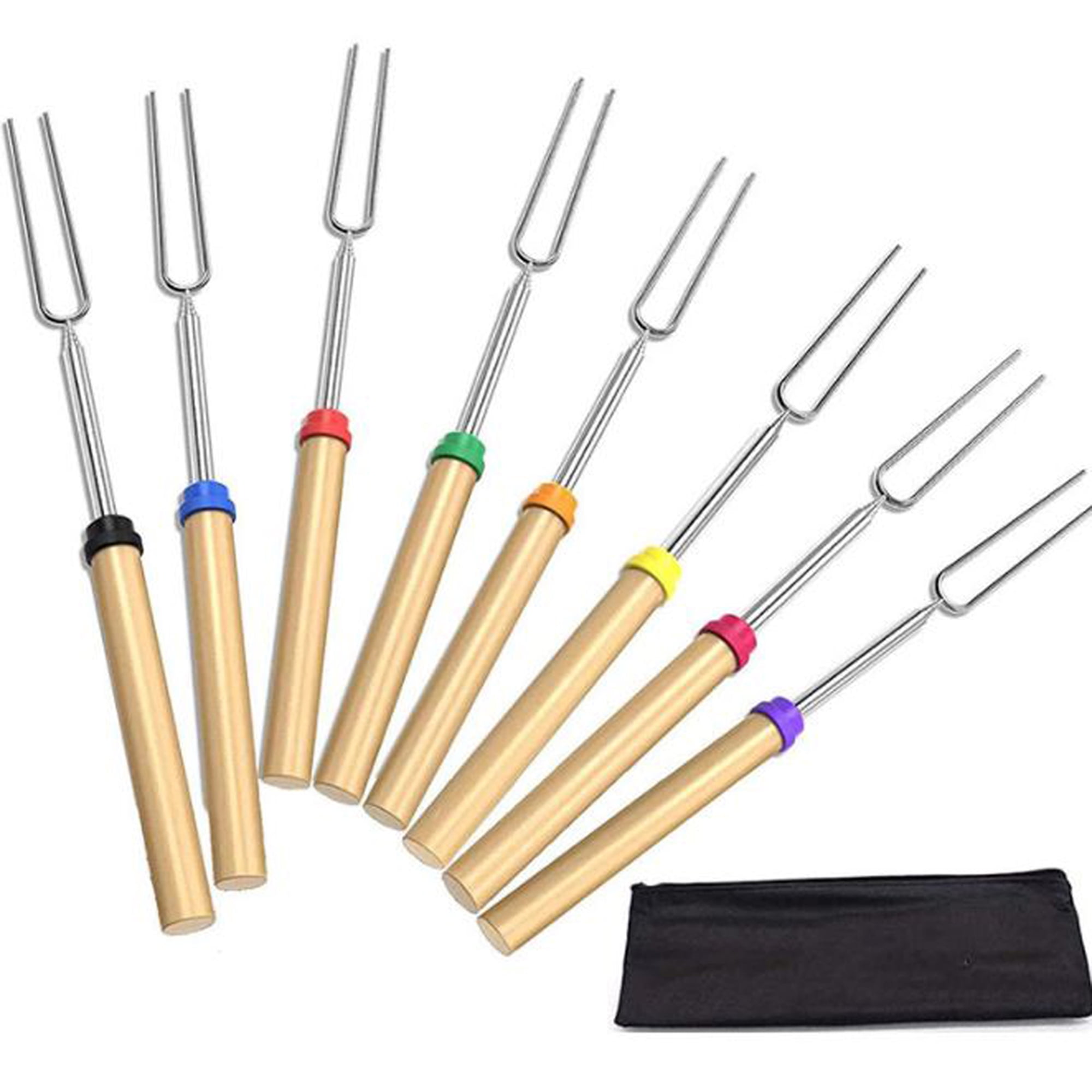 8Pcs/Set BBQ Forks Camping With Bags Stainless Steel Wooden Handle