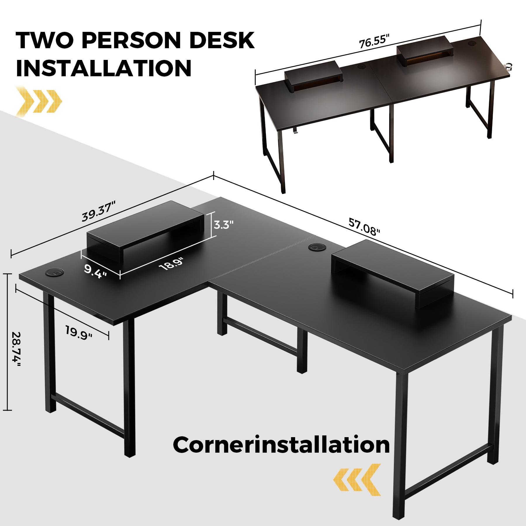 GTPLAYER  L-Shaped Gaming  Computer Desk ,62.2“ Gaming Table inch PC Writing Study Desk with Movable Monitor Stands for Home Office, Black