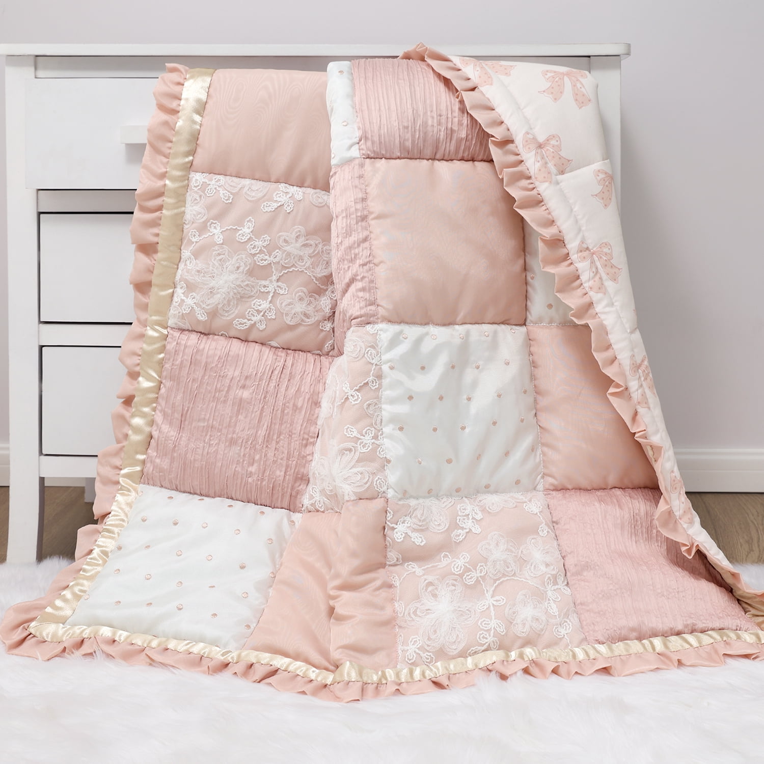 The Peanutshell 3-Piece Crib Bedding Set for Girls – Fitted Sheet, Dust Ruffle, Comforter – Pink Floral Nursery Decor, Grace
