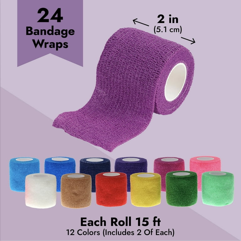 24-Rolls Self Adhesive Bandage Wrap 2 inch x 5 Yards – Breathable Vet Tape,  Elastic Cohesive for Wrist, Swelling, Sports, Tattoo (12 Bright Colors)
