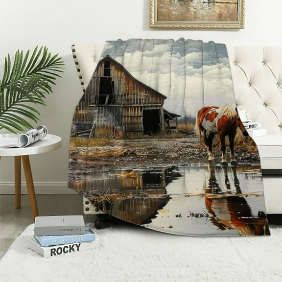 Patifu Horse Barn Water Warm Lightweight Blanket Soft Fleece Blankets All Seasons Throw Blanket for Living Rooms Sofa Decor Cow Gifts 40x50in