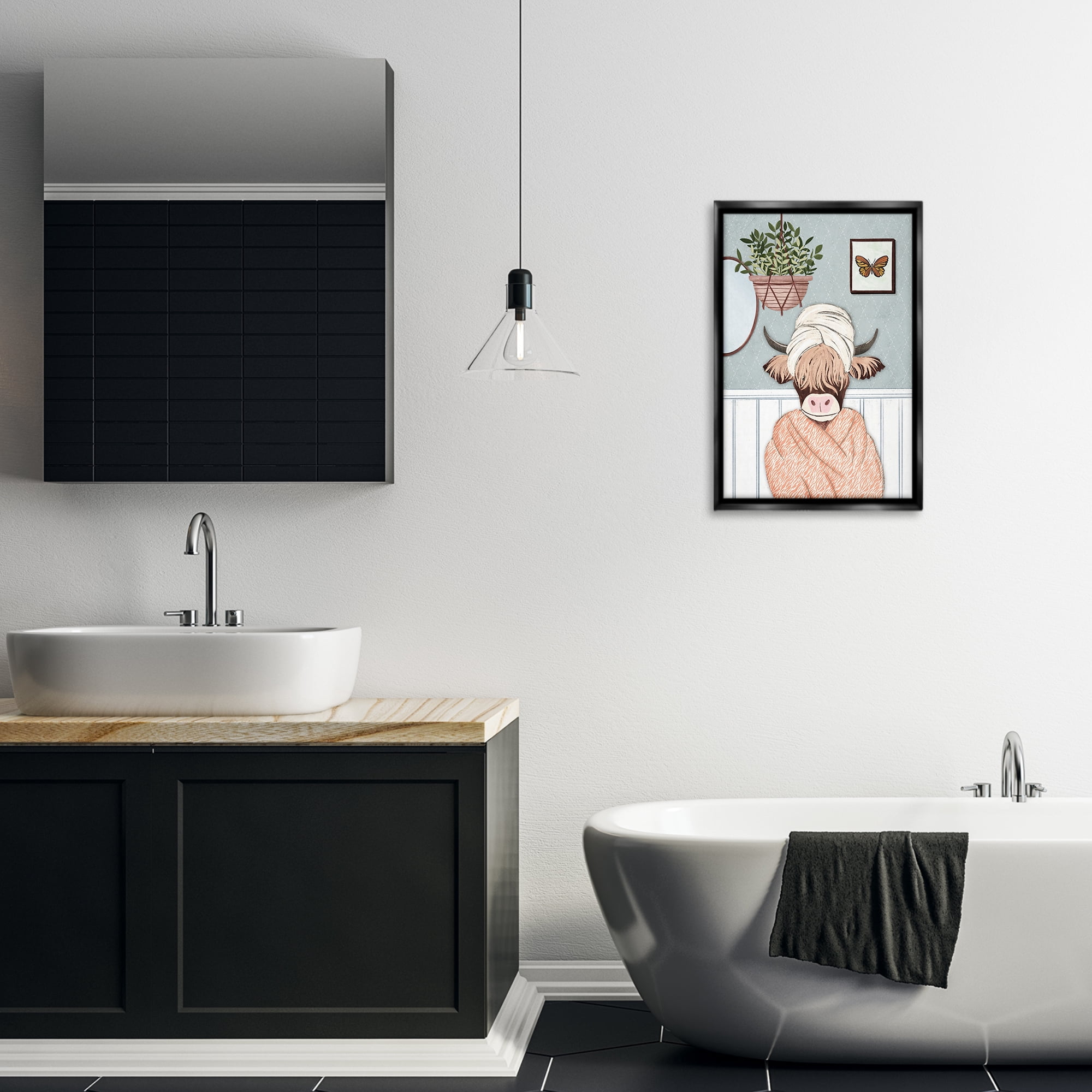 Stupell Industries Highland Cow Bathrobe Typography Painting Black Floater Framed Canvas Art Print Wall Art, 17 x 25
