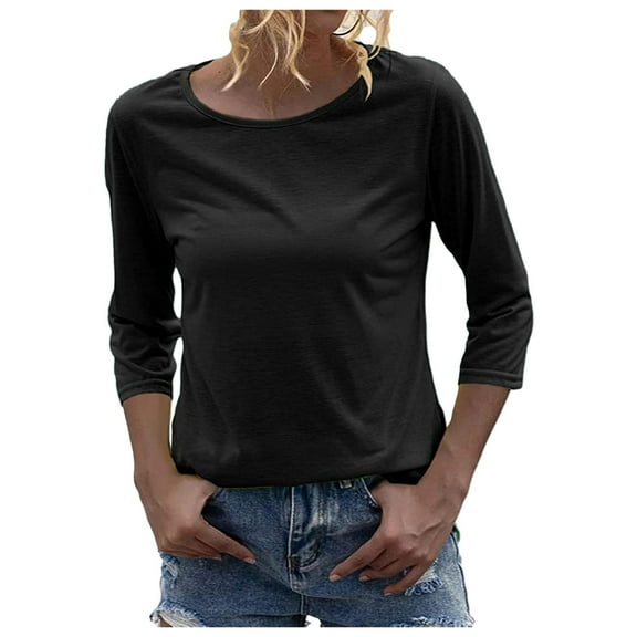 Womens Plain Tshirts Long Sleeve Going Out Tops for Women Fall Fashion Crewneck 3/4 Sleeve Solid Basic Cute Tee Shirts Black 2XL