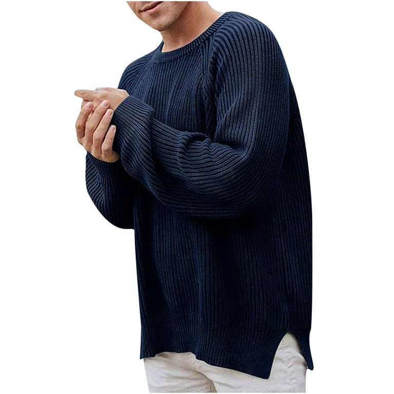 Mens Casual Knit Pullover Sweaters Cozy Crewneck Rib Stitch Cable