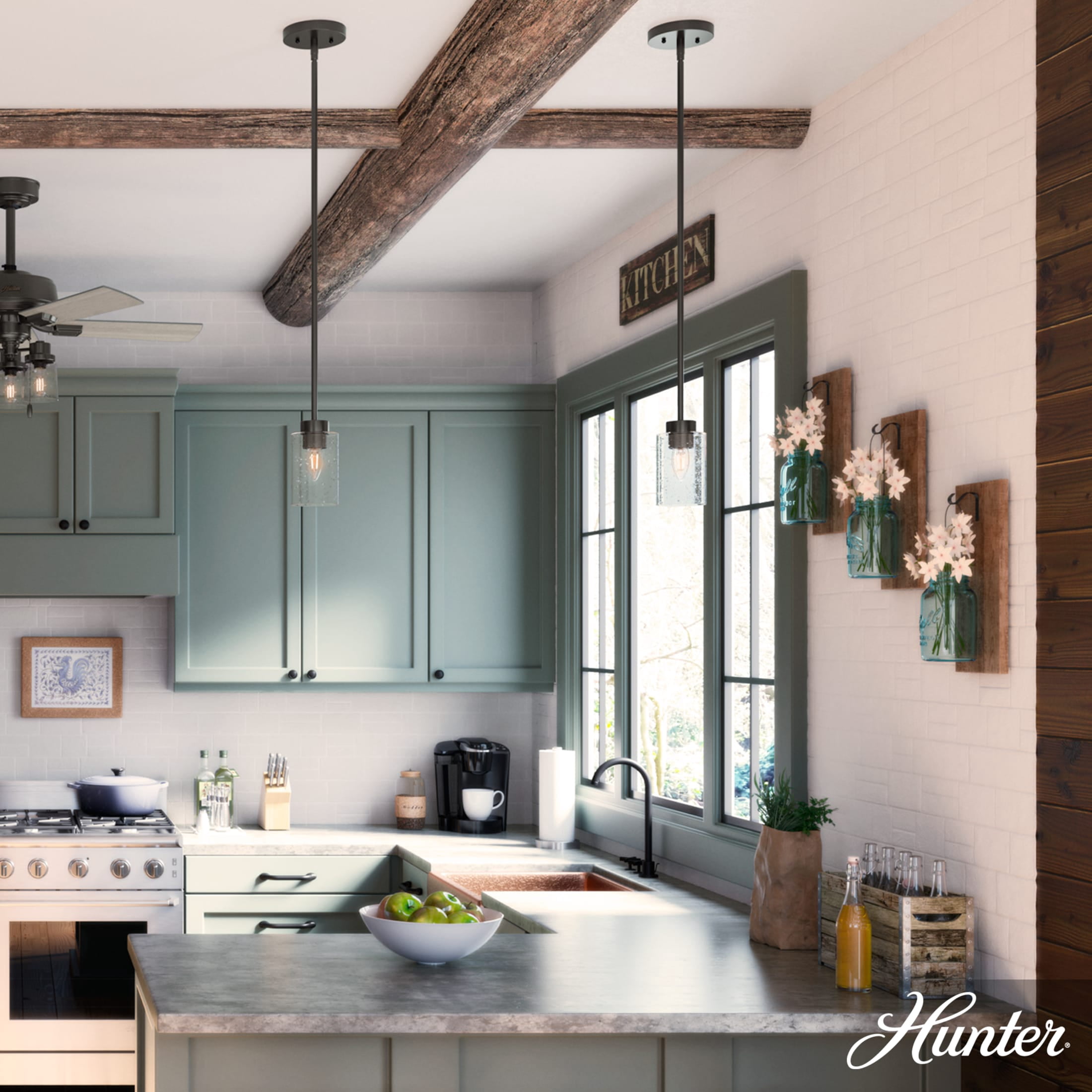 Hunter - Hartland 1-light Noble Bronze, Mini Pendant Light, Dimmable, Casual Style, Cylinder Shaped, for Bedrooms, Dining, Living Rooms - 19013