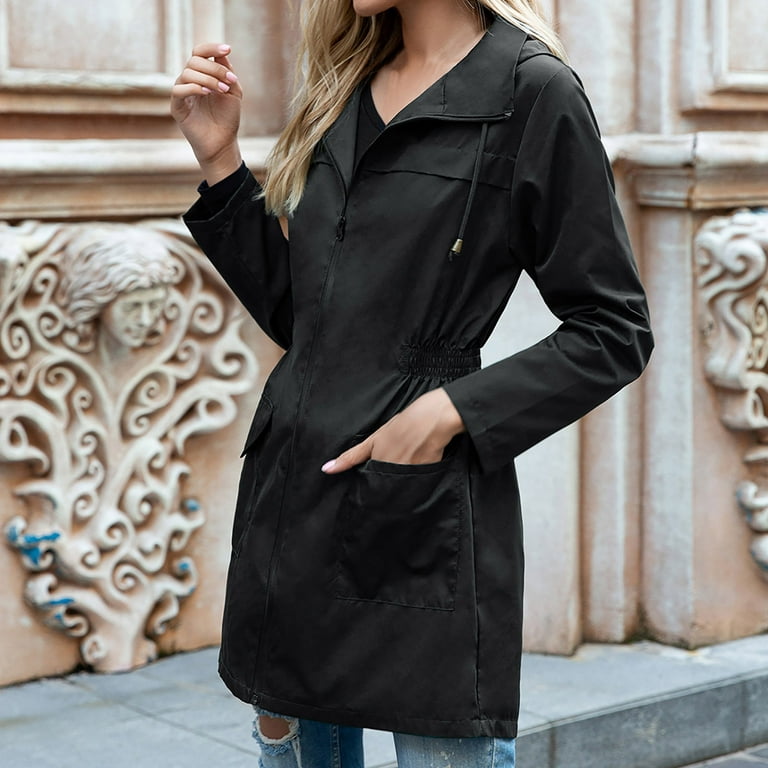 Olyvenn Womens Rainproof Coat Long Sleeve Jackets Classic Solid Slim Fit  Business Fashion Hooded Neck Womens Suit Mid Length Waist Up Full Zip  Outdoor