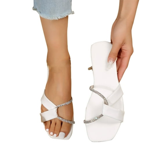 Lovskoo 2024 Women's Slippers Summer Open Toe Rhinestone Trendy Flat Sandals White