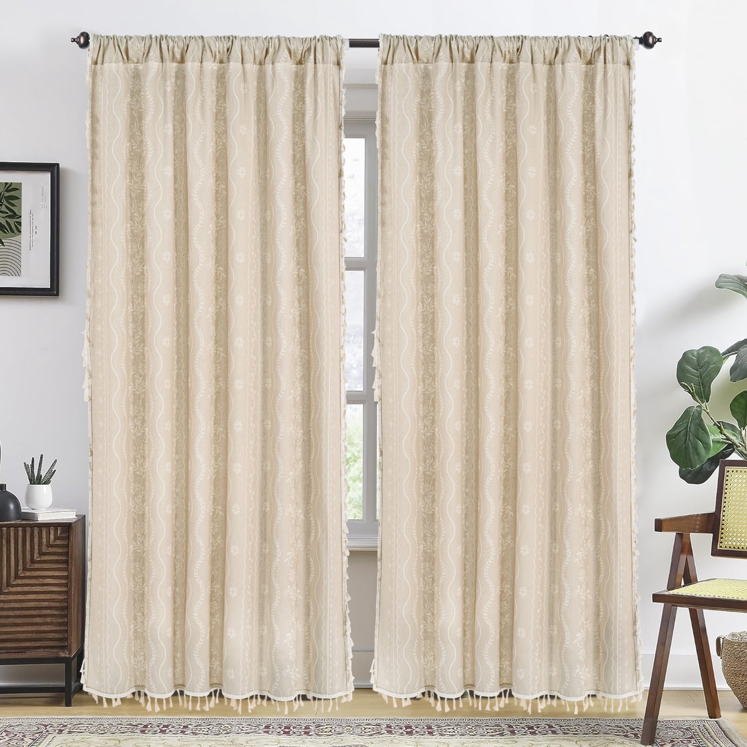 Invoibler Boho Farmhouse Beige Filtering Window Curtains, Linen Blend Drapes with Tassels & White Pattern, 52" x 84", Set of 2