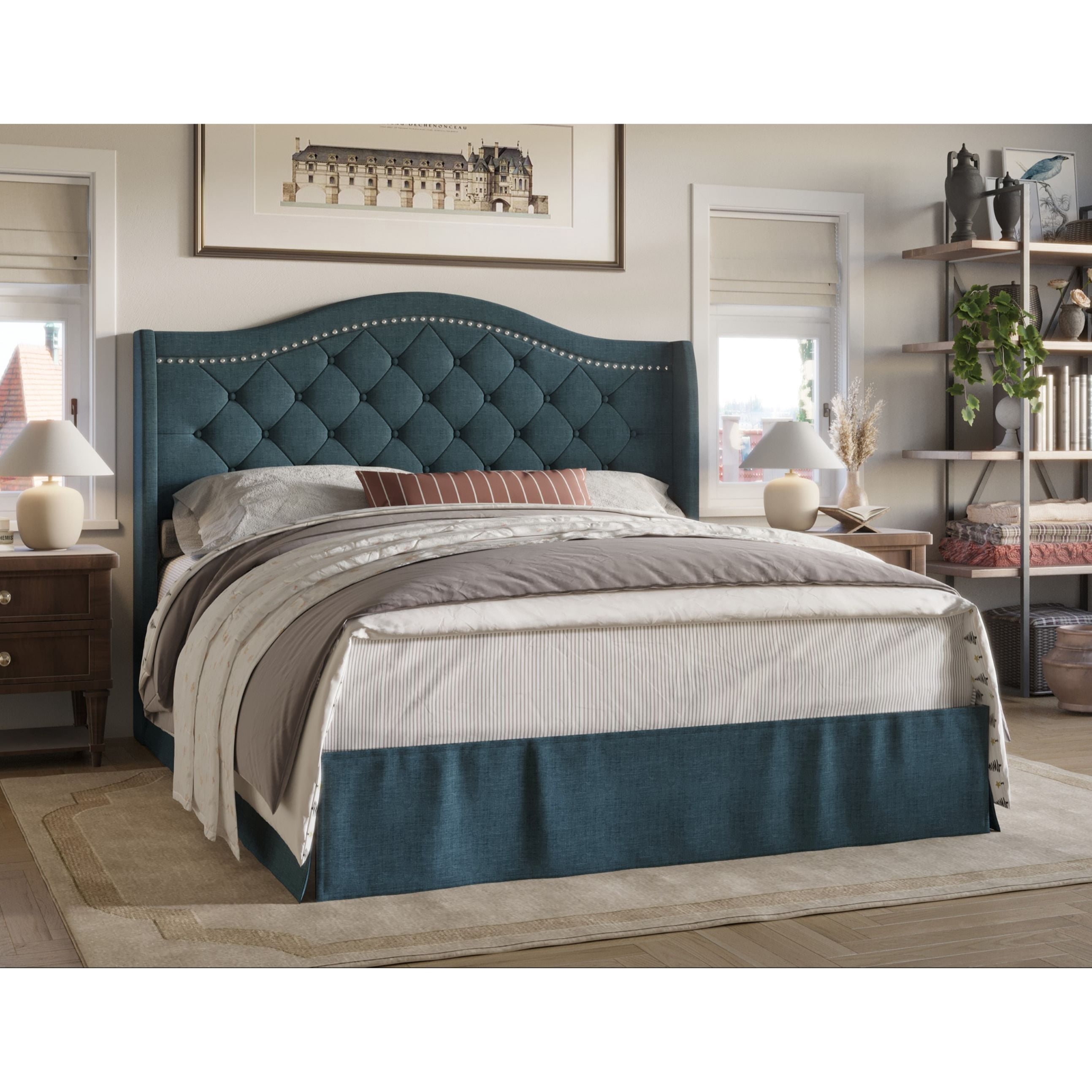 Home Design Eleanor King Upholstered Platform Bed Frame with Nailhead Trim, Button Tufted Camelback Wingback Headboard, Denim Blue – Easy Assembly