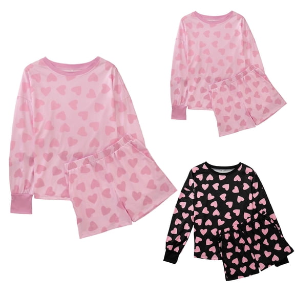 Valentine's Day Pajamas Sets Women Cute Pink Heart Print Pjs Sets Shirt Top Pants 2 Piece Sets Sleepwear Black L