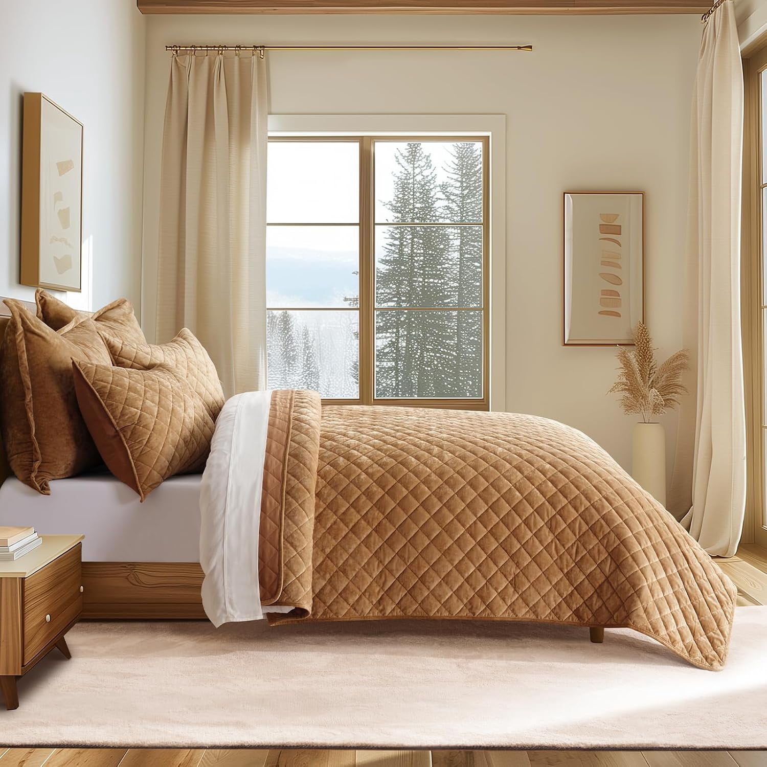 EVERGRACE Luxury Velvet Quilt Set King Size, Diamond Quilted Lightweight Velvet Comforter for All Season, Ultra Soft Oversized Bedspread Coverlet Bedding Set with 2 Pillow Shams, Gold Caramel