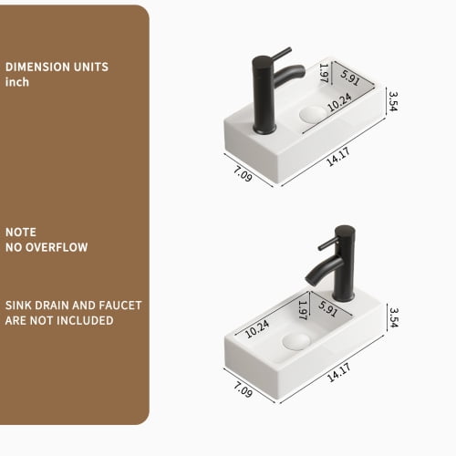 Small Rectangular Wall Hung Basin Sink, 14x7x3 Inch Vitreous China Cloakroom Wash Basin, White High Gloss Glaze, Left Hand Tap Hole, Without Tap & Drain