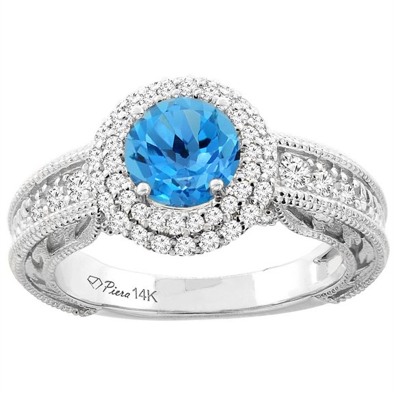 14K Yellow Gold Natural Swiss Blue Topaz & Diamond Halo Ring Round 6 mm, size 5.5