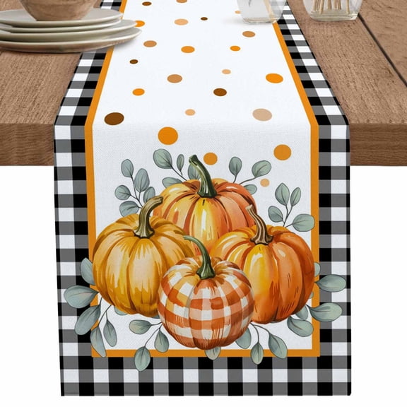 nqOlkjepod Orange Pumpkins Fall Table Runner 90 Inches Long Farmhouse Dress Scarves, Black Plaid Polka Dot Botanical Dining Tablerunner for Coffee Table/Kitchen Island/Party Décor, 13" x 90"