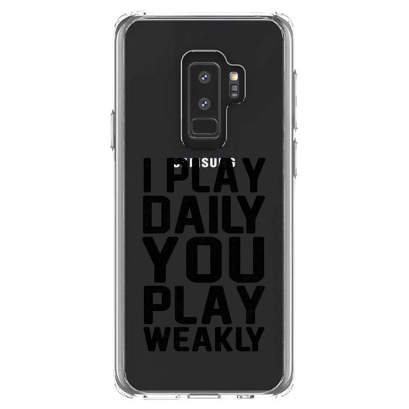 DistinctInk Clear Shockproof Hybrid Case for Samsung Galaxy S9  PLUS (6.2" Screen) - TPU Bumper Acrylic Back Tempered Glass Screen Protector - I Play Daily You Play Weakly