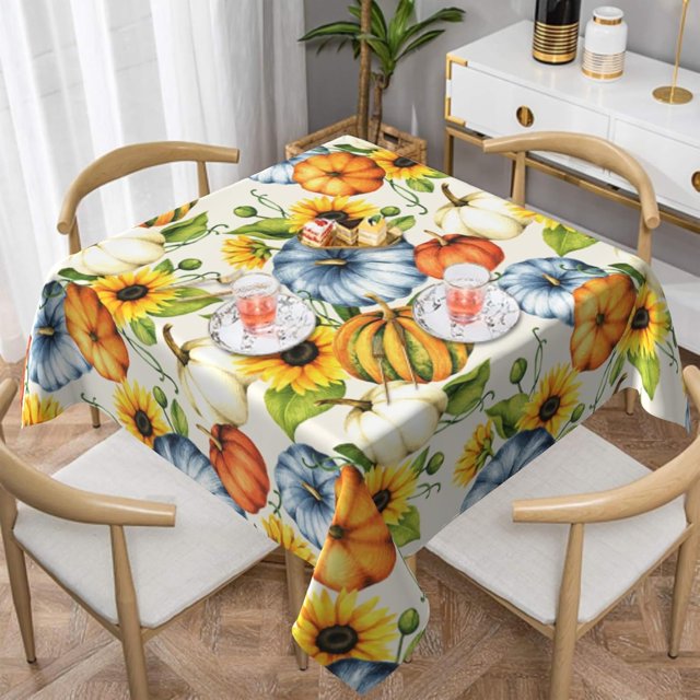 Fall Square Tablecloth 52×52 Inch Watercolor Pumpkin Sunflowers Table Cloth Small Square Tablecloths Indoor Outdoor Washable Wrinkle Free Stain Resistant Waterproof Fabric Table Cover