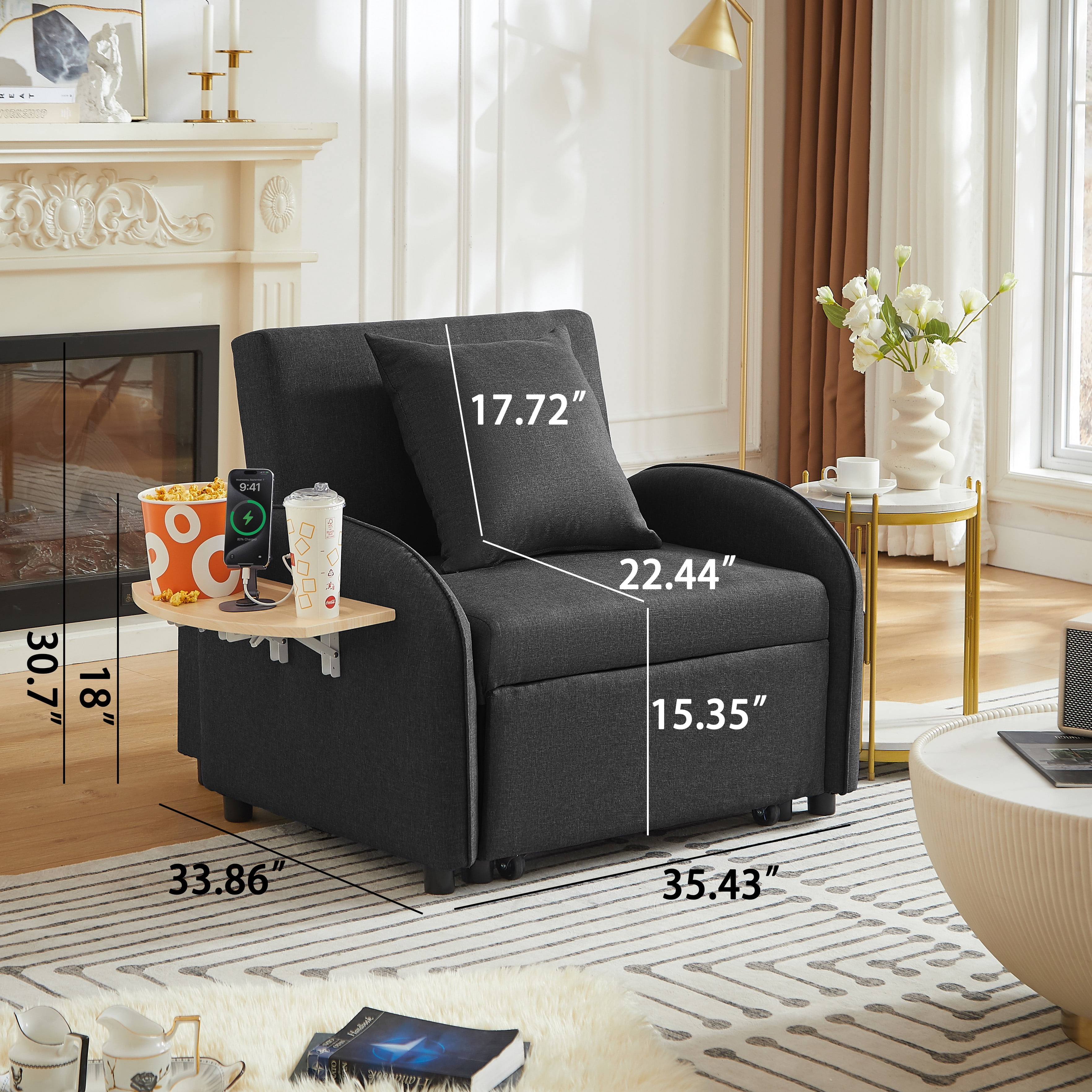 Leumius Convertible Sofa Chair Bed,3-in-1 Sleeper Sofa with Pull-Out Bed and USB Port,Foldable Table,Modern Linen Single Sofa Chair with Reclining Backrest for Living Room Small Space,Black