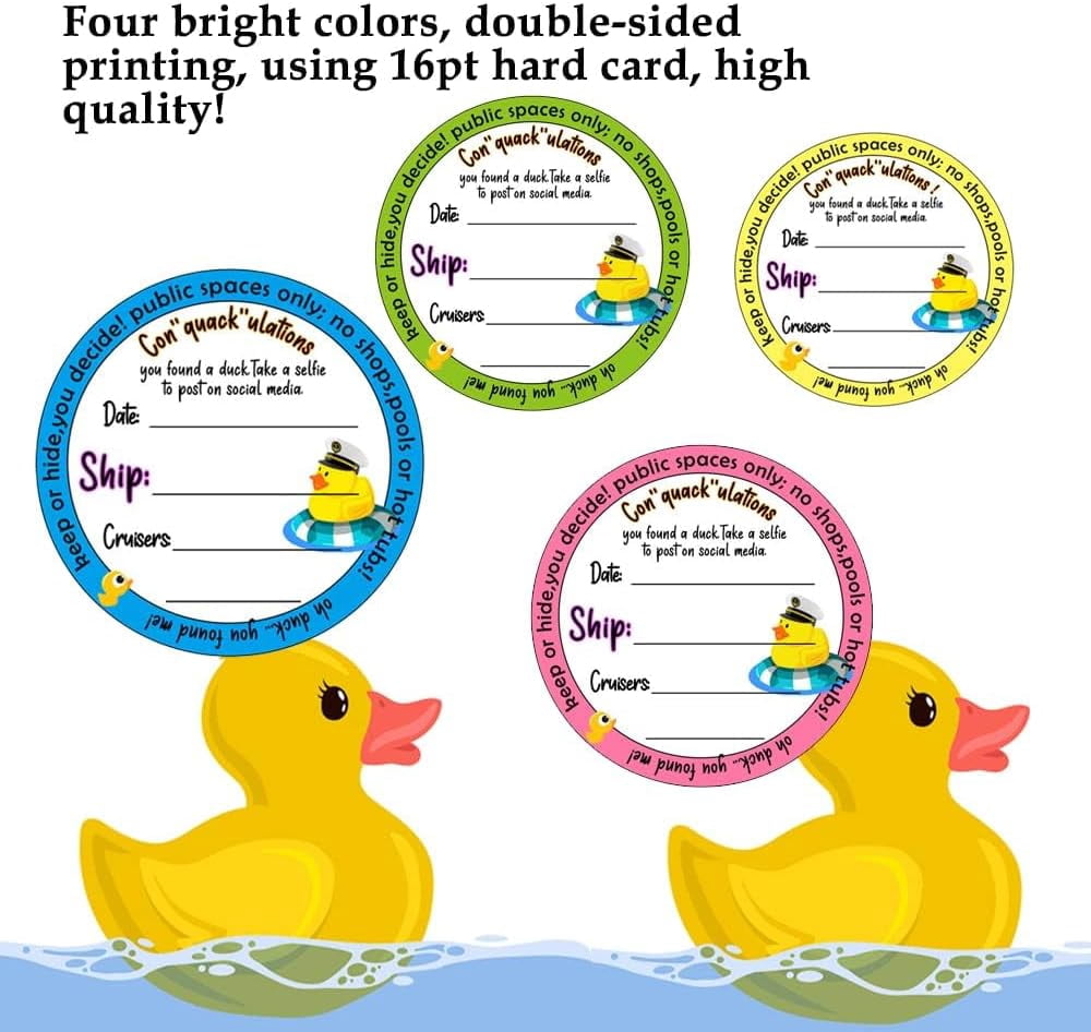 Duck Tags, Cruising Rubber Duck Ducking Game Cards, Cruise Tag, 2.5inches 50 Pack Circle Cruise Tag with Hole and 50 Rubber Bands(4 Color)