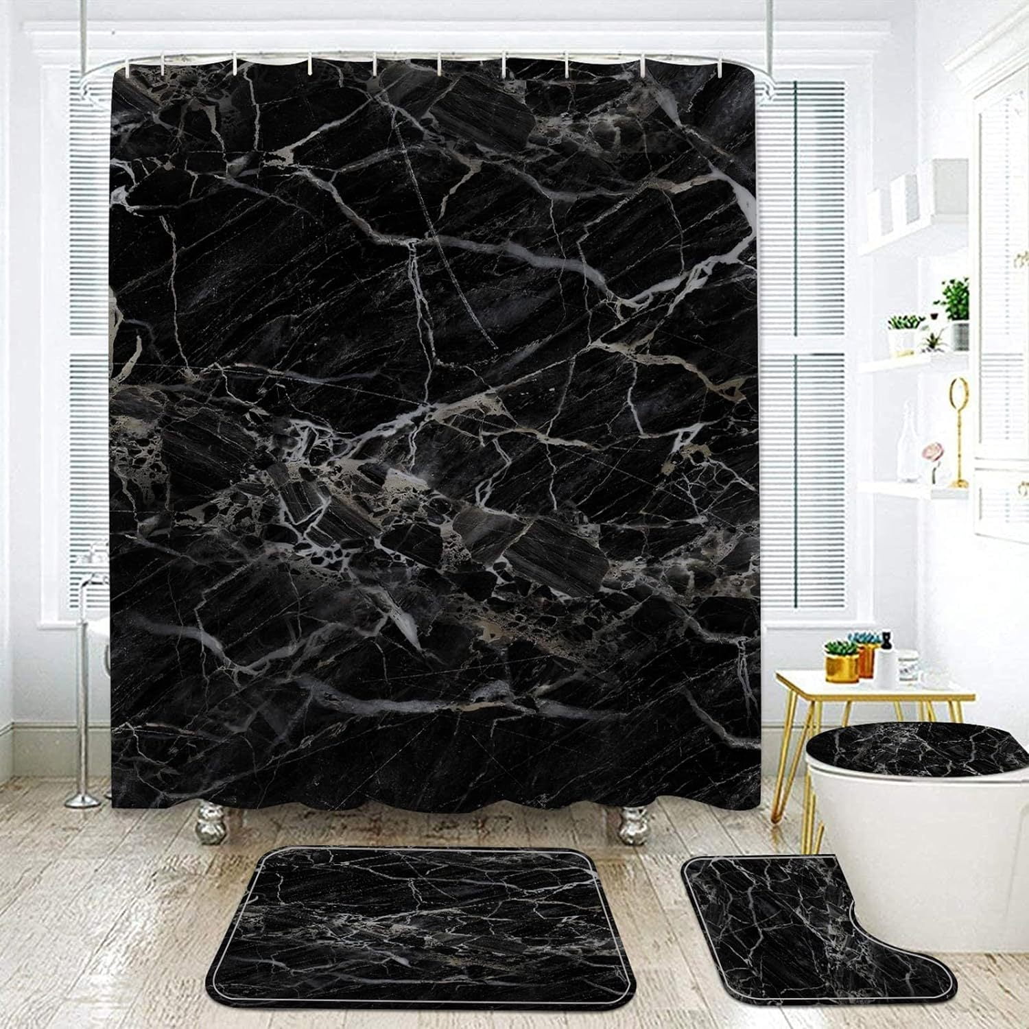 Bathroom 4pcs Black Gray Marble Shower Curtain with Bathroom Carpet Set