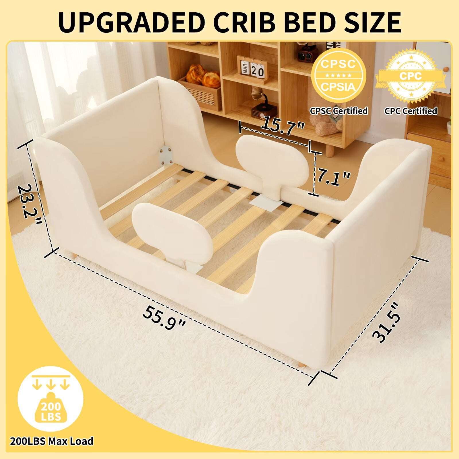 Lilypelle Toddler Bed Frame, Toddler Floor Bed with Removable Guard Rails, Small Bed for Boys and Girls, Standard Crib Size Toddler Bed，55.9 x 31.5 x 23.2 in，Beige