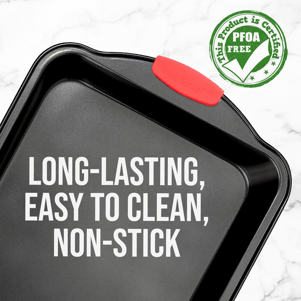 NutriChef 17” Non-Stick Baking Pan, Black Carbon Steel Bake Pan with Red Silicone Handles, (Black)