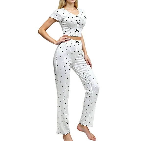 Tnhcen Women's Cozy Short Sleeve Pajama Set with Heart Prints - Soft Ruffle Sleepwear for Women V-Neck Button
