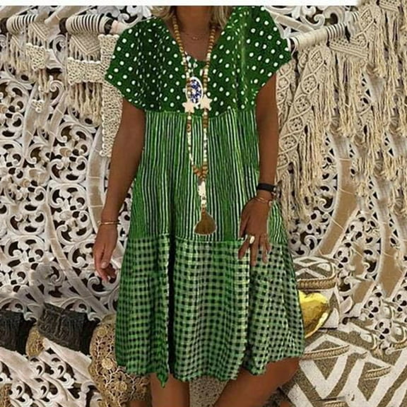 Wycnly Summer Dresses for Women Beach Vacation Loose Swing Tunic Midi Sun Dresses Short Sleeve V-Neck Plaid Print Knee-Length 2024 Casual Dress Green l Under $5