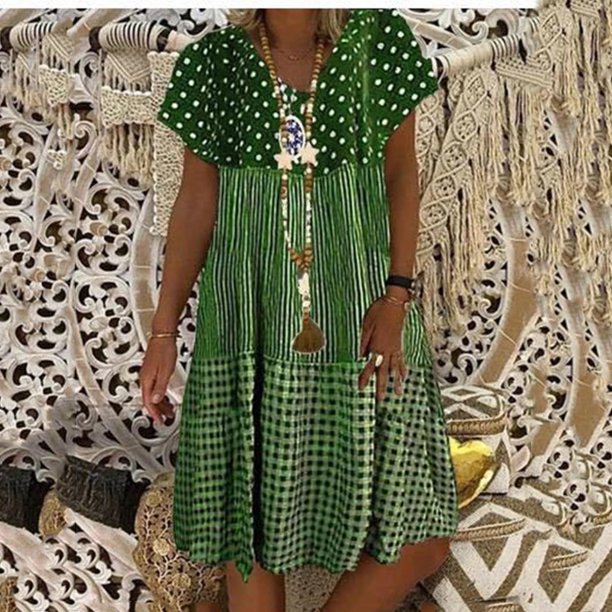 Puntoco Falda Casual Estampada Con Cuello Redondo Y Manga Corta Para Mujer, Color Verde, Xxl,Regalos Para Mujer Joven