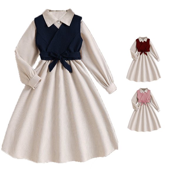 Vividxx Girls Dresses Fall Winter Corduroy Dress with Detachable Vest Fashion Long Sleeve Dresses for Toddler and Kids Stylish Daily Wear 10-11 Years