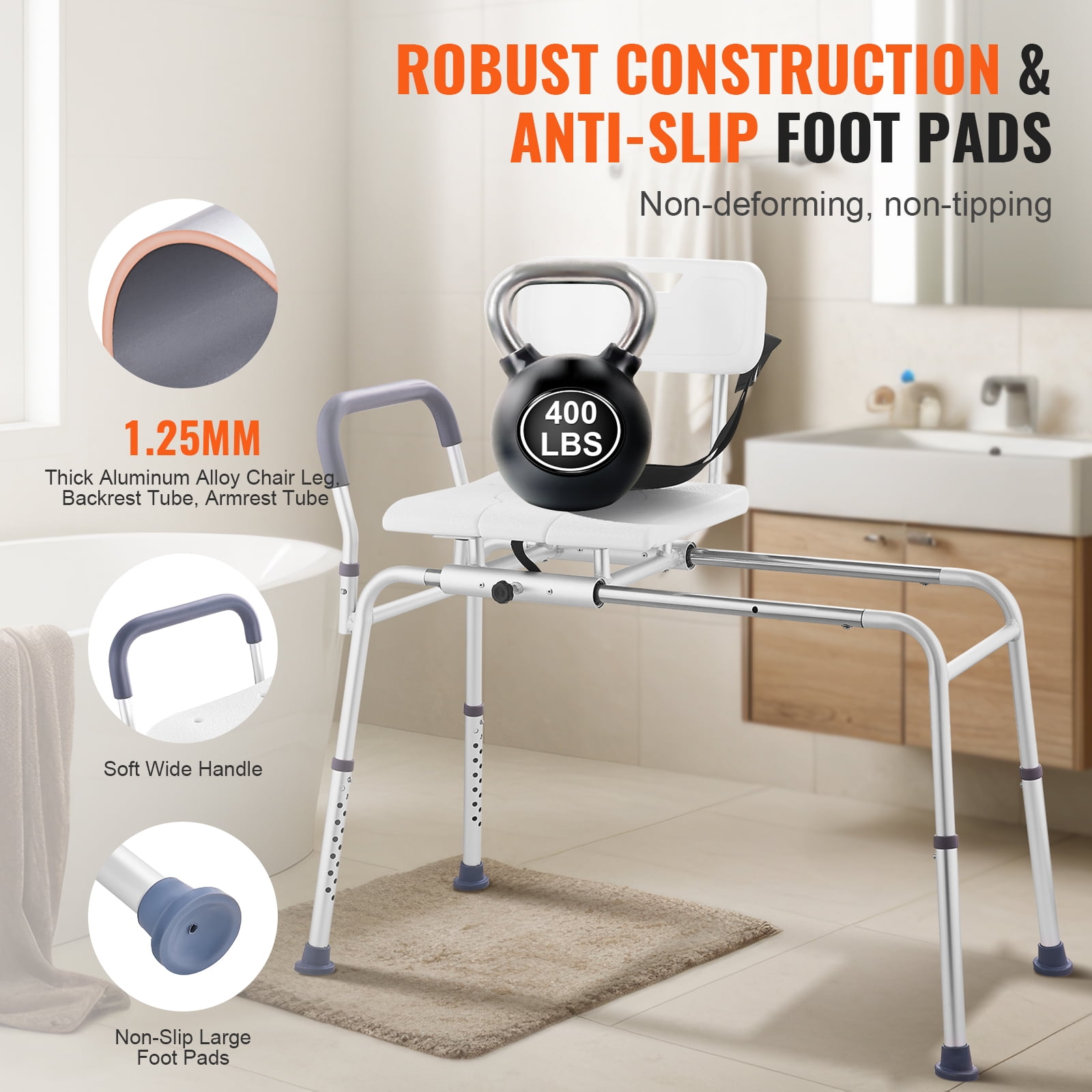 VEVOR Sliding Tub Transfer Bench, Height Adjustable Bathtub Transfer Bench with Cut-Out Seat, Reversible Backrest & Safety Belt,400LBS Capacity