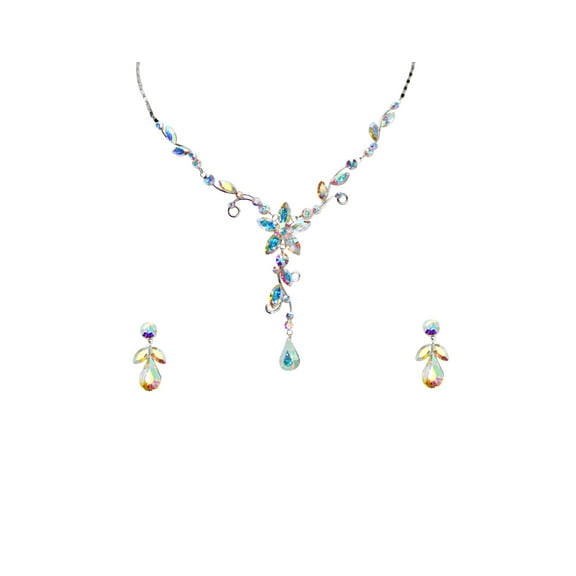 Faship Gorgeous Multicolors AB Rhinestone Crystal Floral Necklace Earrings Set