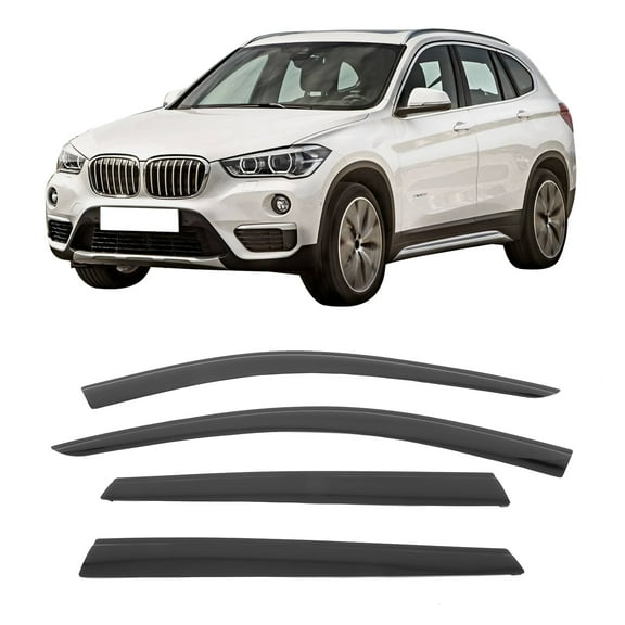 Ikon Motorsports Tape-On Window Visors Vent Rain Sun Guards Deflectors For 2016-2022 BMW F48 X1, Low Profile Style Acrylic Smoke/Tinted 4PCS