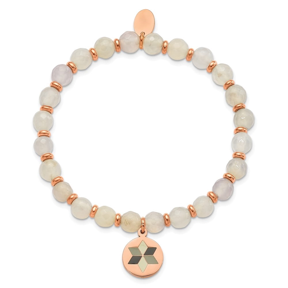 Auriga Mother's Day Gift Stainless Steel Rose IP-plated Enameled Flower Charm 6mm Jade Beaded Stretch Bracelet for Women