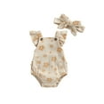 thumbnail image 2 of Baby Girl Suspender Jumpsuit Set Casual Floral Print Ruffled Flying Sleeve Rompers and Headband, 2 of 9