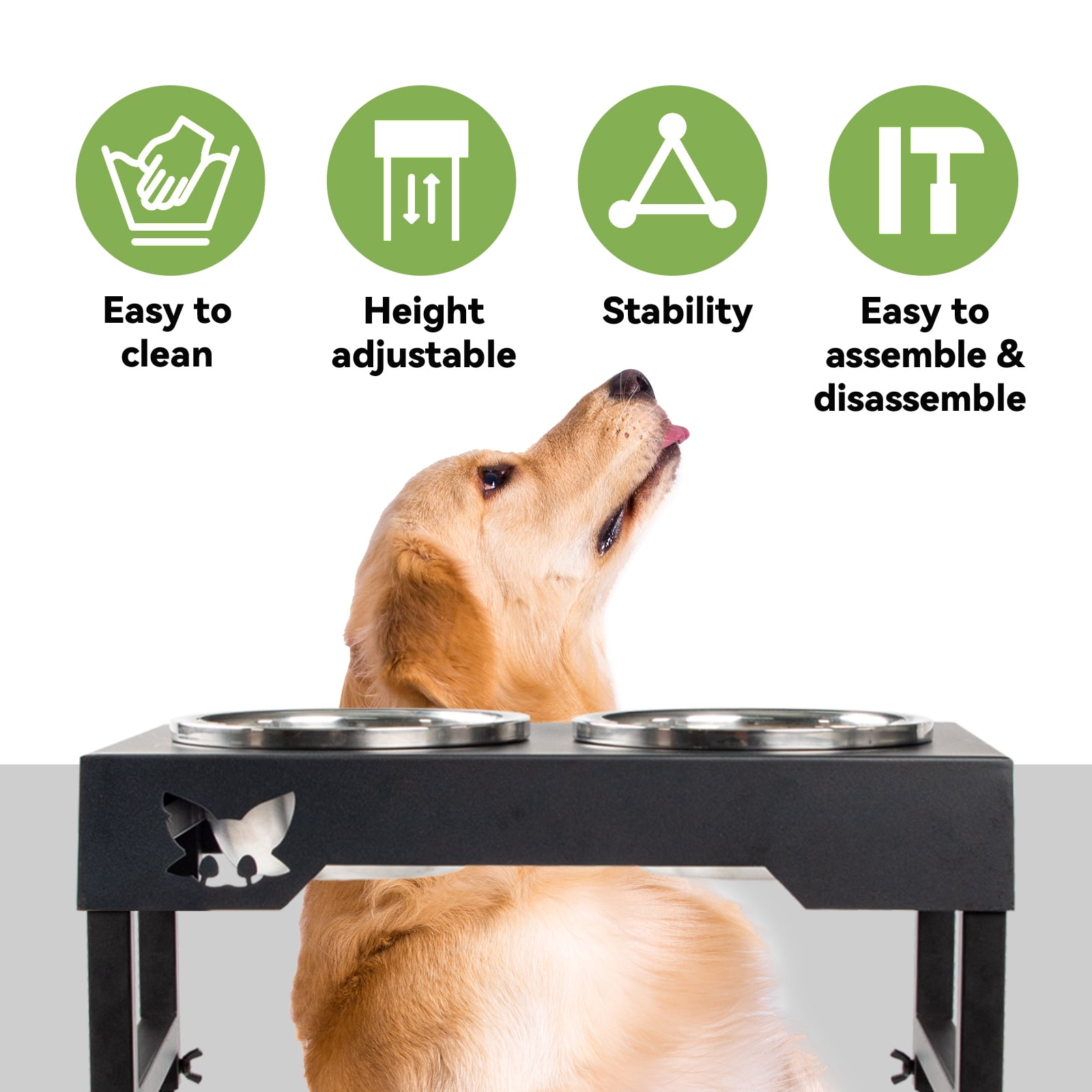 KITGO Metal Elevated Dog Bowl with Two Stainless Steel Dog Bowls, Adjustable Height Pet Feeder, 3 Height Adjustable, Raised Dog Food Bowls for Small, Medium, and Large Dogs, Black